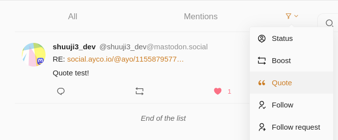 screenshot of elk (main.elk.zone) showing a Quote notification received and filtered from other types of mastodon notifications